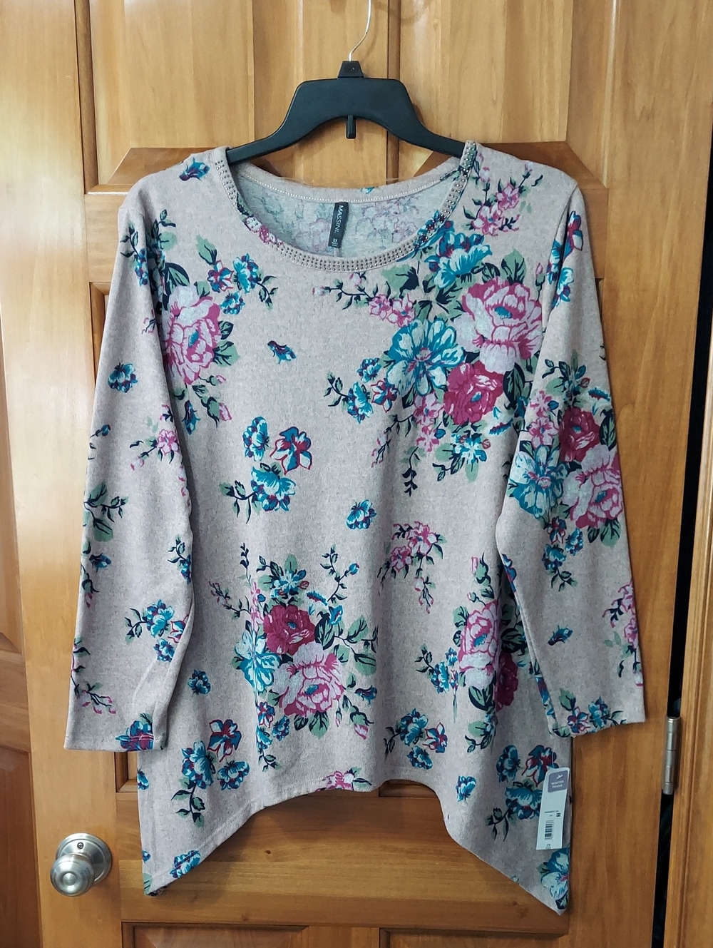 🆕 Massini Soft Pink Heather Floral Crew Neck Sweater Silver Studs Size 2X, NEW▪